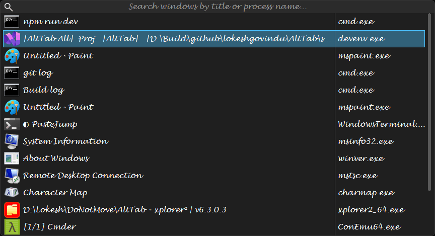 The switcher, filtering as you type