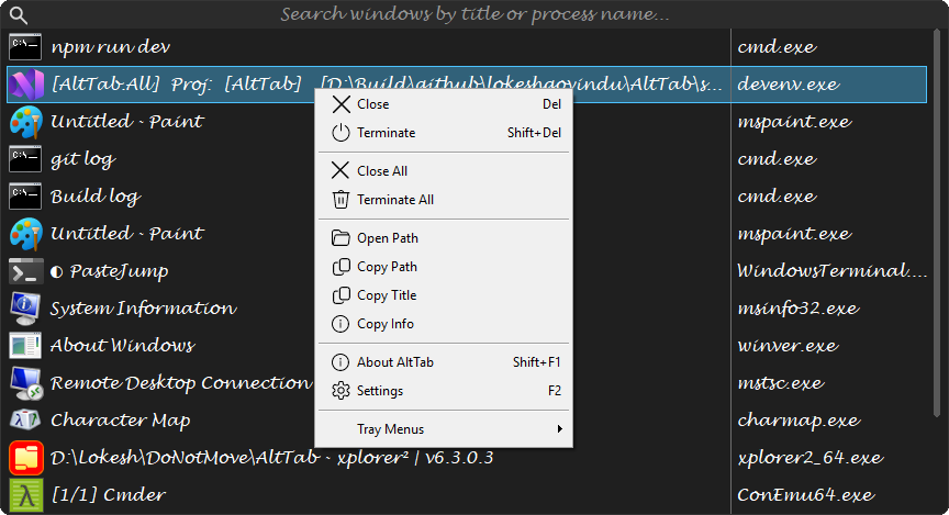 The row context menu