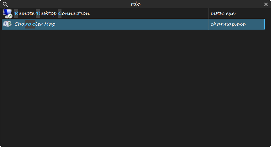 Smart search finding Remote Desktop Connection from "rdc"