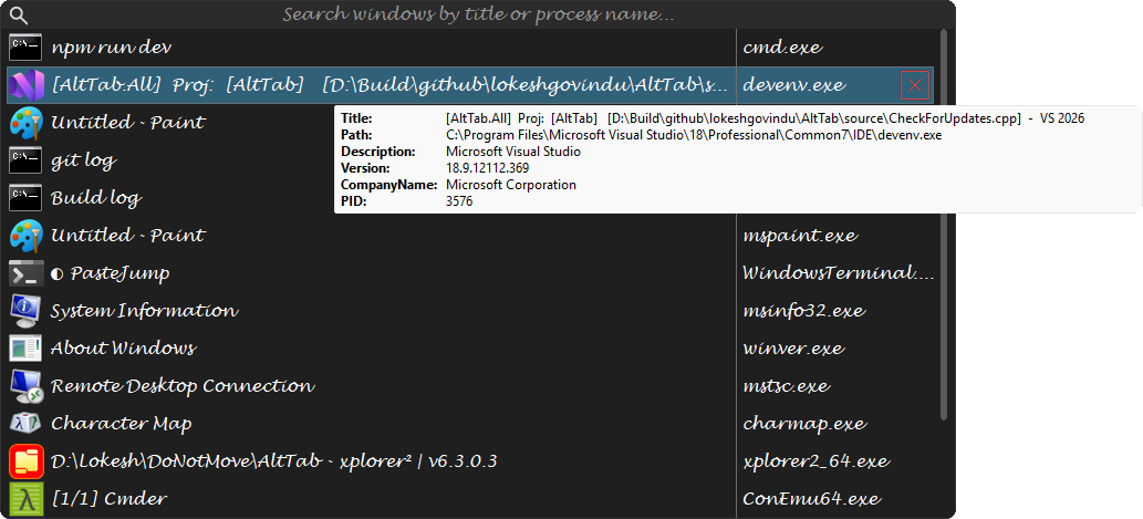The row information tooltip